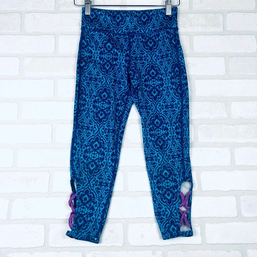Old Navy Active Girls Blue Patterned Leggings with Criss Cross Detail Size M (8)